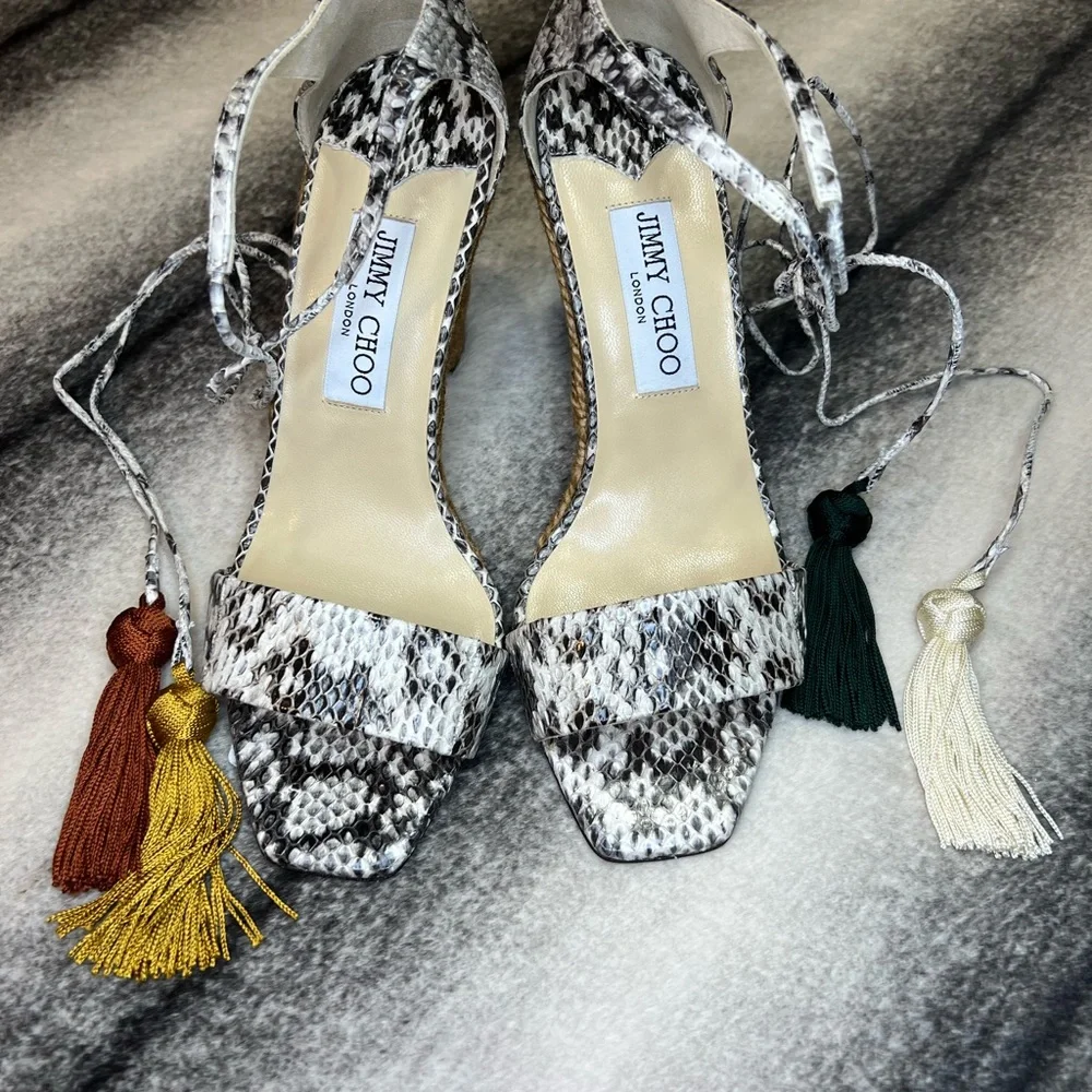 Jimmy Choo Deva 85 mm Roccia Snakeskin Print Leather Mix Tassel Espadrile Wedge